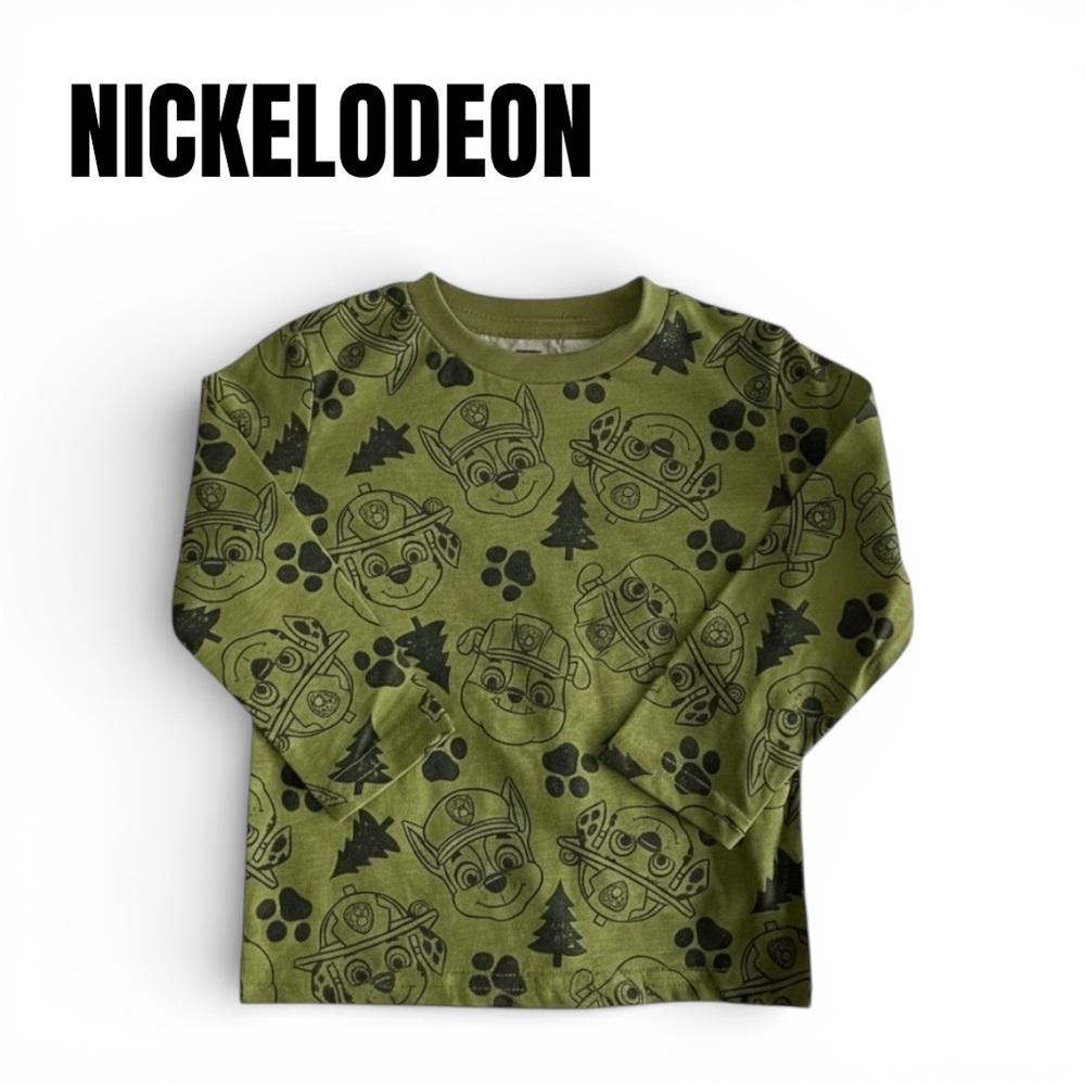 075 Paw Patrol Olive Green Long Sleeve Tee with Black Character Print